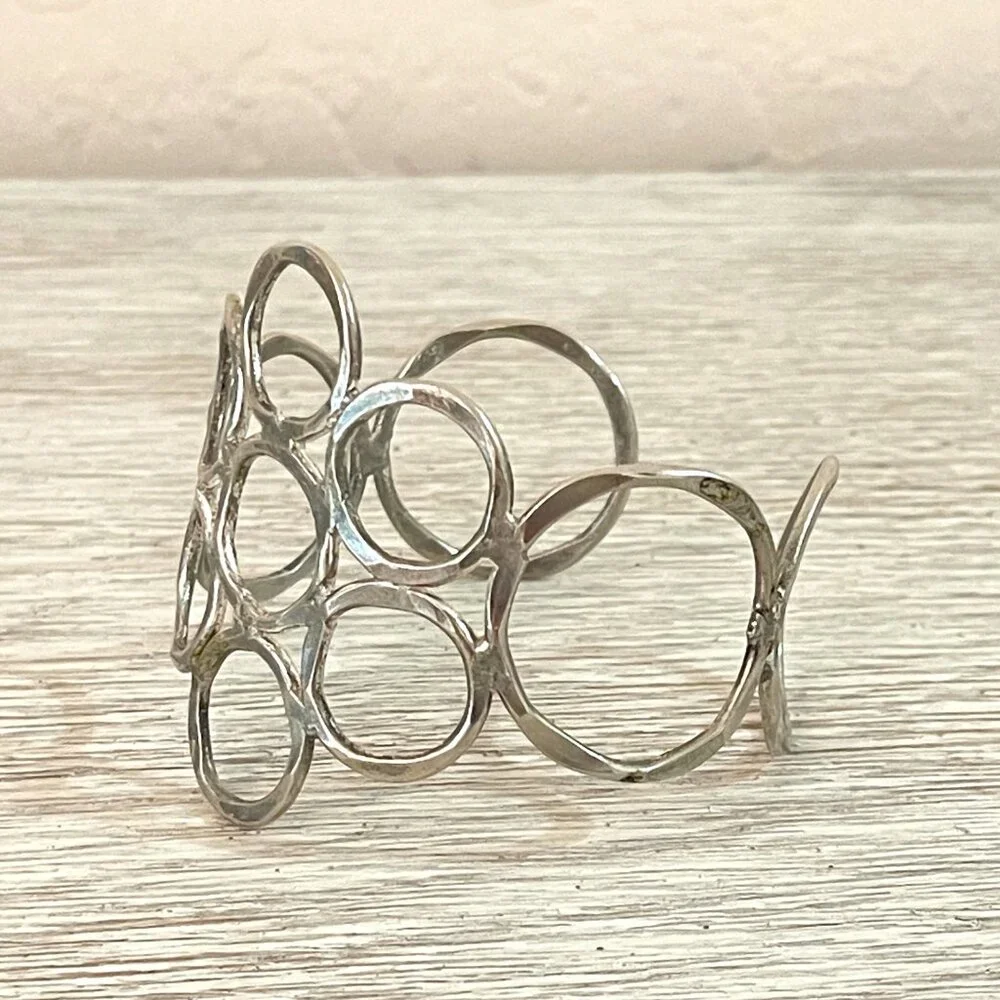 Cuff Bracelet Wide Silver Circles Adjustable Metal